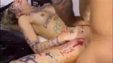 Tattoo artist makes a mess of a blonde's body then fucks her face and pussy