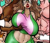 Lycra-clad cartoon character enjoying an interracial gangbang